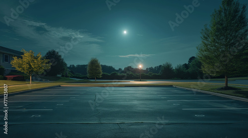A parking lot is empty at night with a full moon in the sky