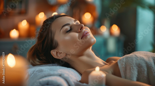 Woman is laying on a bed in spa, relax concept