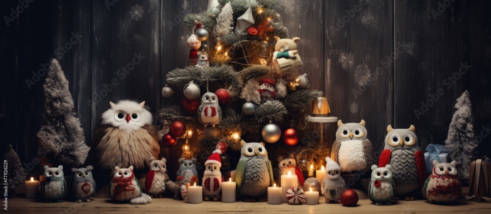 A group of stuffed owls are gathered in front of a Christmas tree, creating a festive display of art and entertainment
