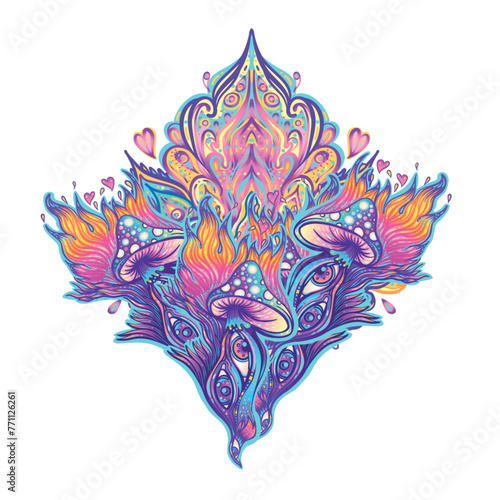 Magic mushrooms. Psychedelic hallucination. Vibrant vector illustration. 60s ...