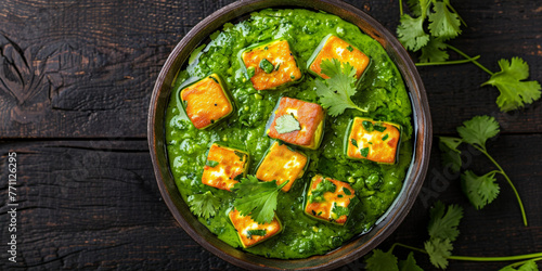 Savory Grilled Tofu Cubes on Vibrant Green Spinach Puree Dish