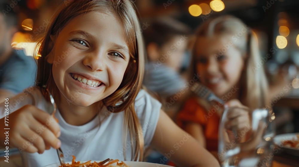 Close-up of joyful kids tasting gourmet food in a luxurious restaurant setting showcasing happiness and culinary discovery