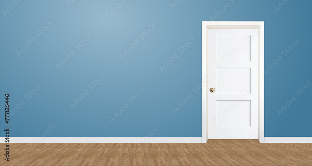 Fototapeta premium White door with blue walls in the interior.