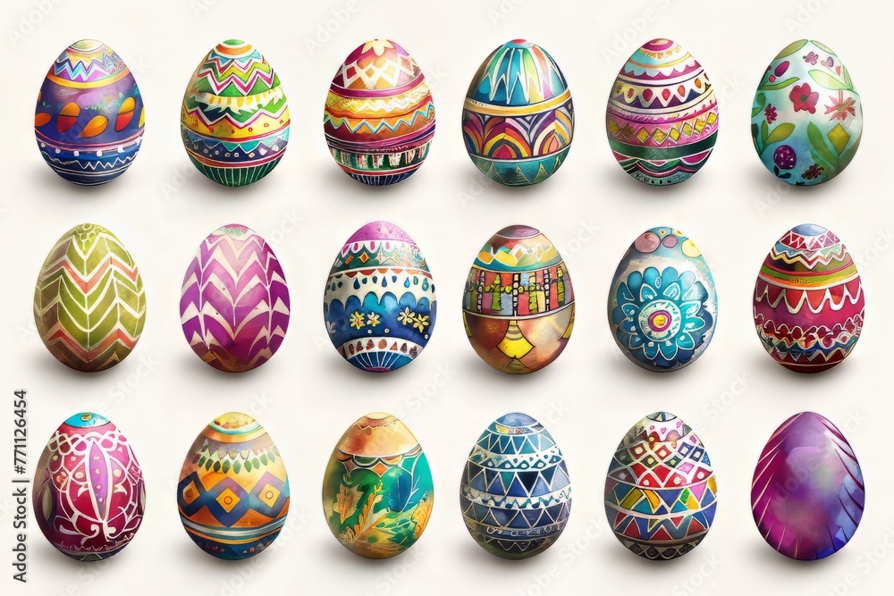 Vibrant illustrations of decorated Easter Eggs in various patterns and designs, Vibrant illustrations of decorated Easter Eggs in various patterns and designs,