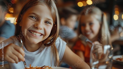 Close-up of joyful kids tasting gourmet food in a luxurious restaurant setting showcasing happiness and culinary discovery © Alpha
