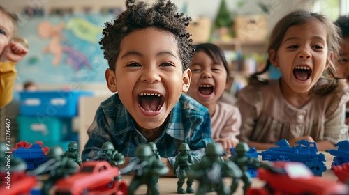 Happy children in a nursery engaging in creative play with toy soldiers close-up on their expressions of wonder and excitement