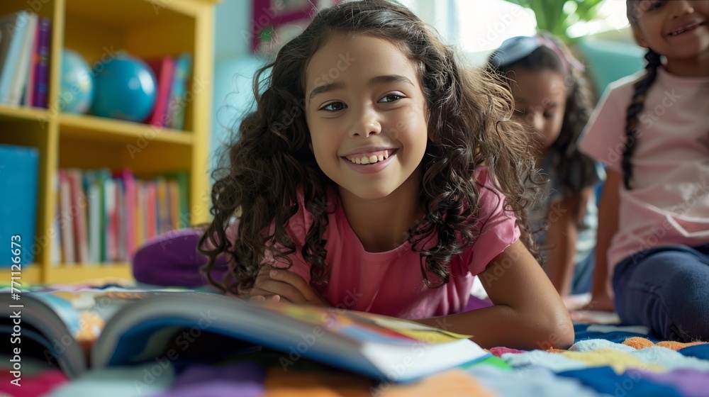 A close-up of joyful kids in a colorful nursery engaging with books as a happy writer shares stories sparking imagination A close-up of joyful kids in a colorful nursery engaging with books as a happy writer shares stories sparking imagination