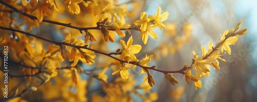 A Vibrant Close-Up View of a Forsythia Branch in Full Bloom, Bursting with Radiant Yellow Flowers Signaling the Joyous Arrival of Spring