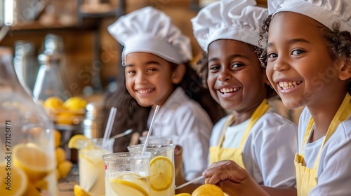 Close-up of happy children in chef attire in a kitchen setting crafting homemade lemonade embodying the joy of cooking together