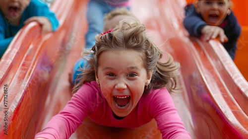 Close-up of ecstatic kids racing down a slide at a nursery playground showcasing the thrill and joy of childhood play photo