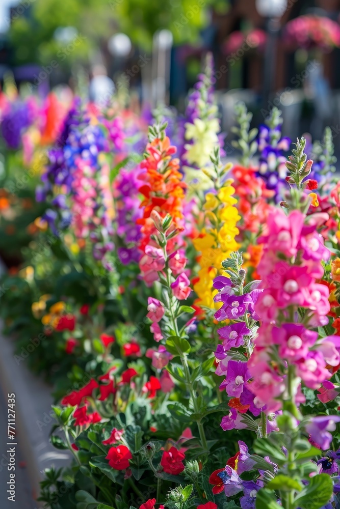 A Vibrant Parade of Colorful Snapdragon Flowers Blooming in Planters Along a Bustling Pedestrian Zone in Spring