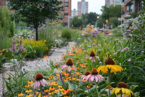 A Flourishing Urban Oasis  The Vibrant Rain Garden Blooming Amidst Concrete  Playing a Crucial Role in Stormwater Management