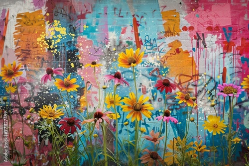 Urban Blossoms: Wildflowers Bursting into Life Against the Vibrant Canvas of Graffiti Walls in Spring