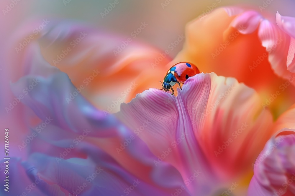A Delicate Encounter: A Vibrant Ladybug Gracefully Perched on the Soft Petal of a Springtime Tulip A Delicate Encounter: A Vibrant Ladybug Gracefully Perched on the Soft Petal of a Springtime Tulip