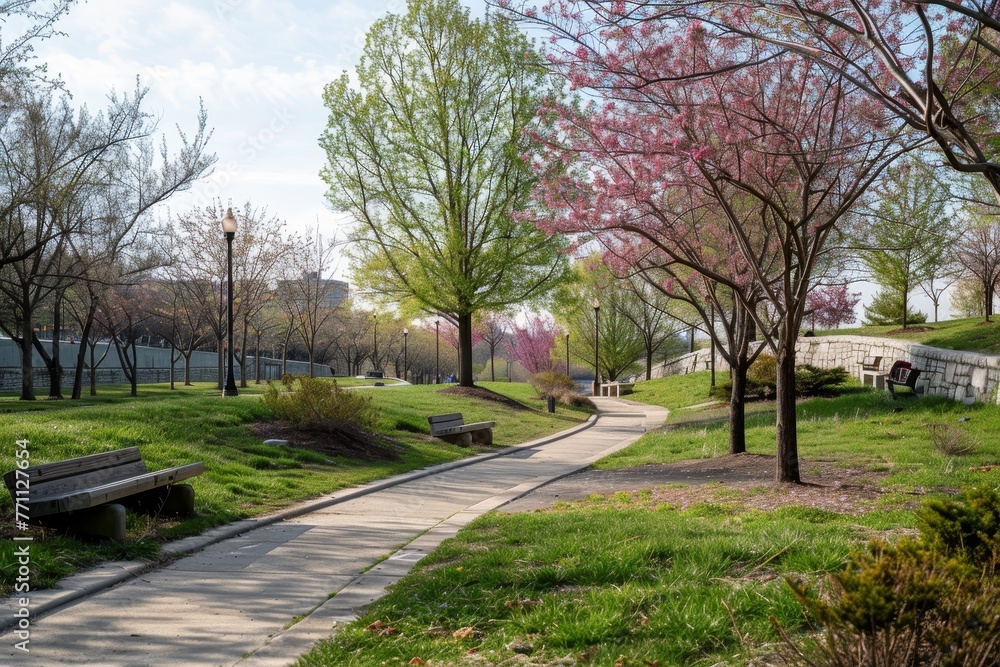 A Serene Elevated Park Oasis: Early Spring Blooms and Grassy Picnic Spots Welcome City Dwellers Seeking Relaxation