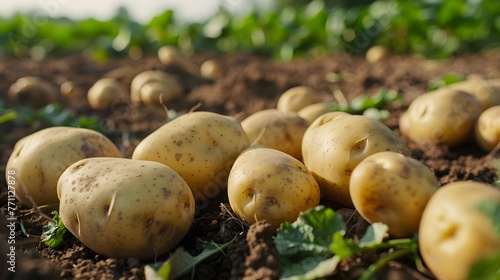 Fresh organic potatoes in the field. Background many large potatoes on the ground..close-up potatos texture. Macro potato. 