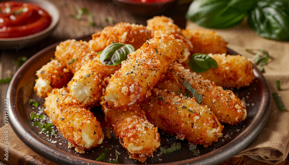 Crispy Golden Mozzarella Sticks Served with Marinara Sauce for Dipping, Perfect for a Delicious Appetizer or Snack Crispy Golden Mozzarella Sticks Served with Marinara Sauce for Dipping, Perfect for a Delicious Appetizer or Snack