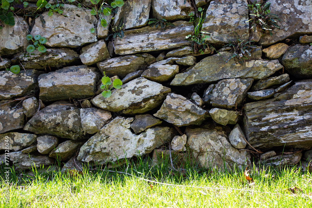 Natural texture of stone wall. Stone wall with green grass, closeup of stone wall texture background.Stone wall background with green grass. 