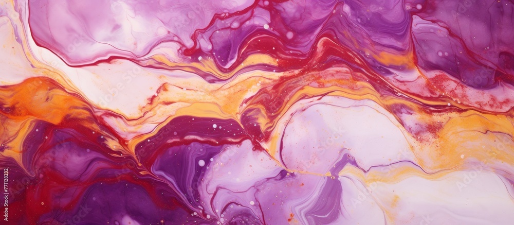 A vibrant close up of a stunning purple and orange marble painting, combining shades of violet, pink, magenta, and electric blue, creating a beautiful visual arts piece