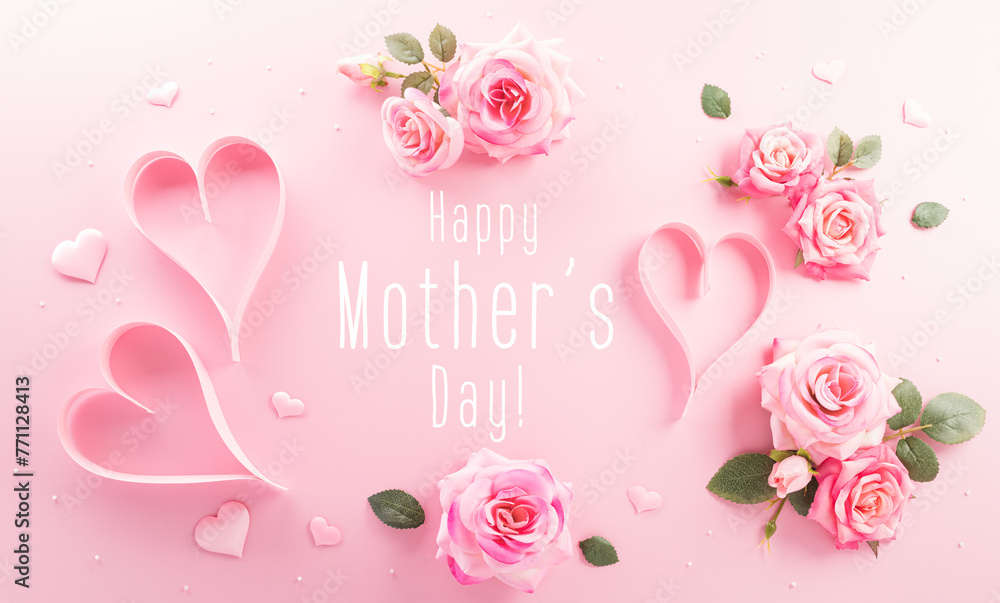 Mother day, Love , Valentine's and women's day concept made from pink paper hearts and roses on pastel background.