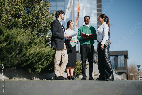 Diverse group of business professionals in a discussion outside an office building, strategizing for company growth.