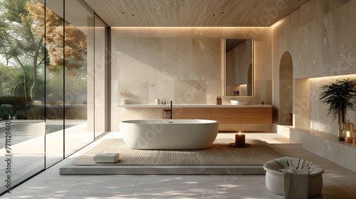 A modern and minimalist bathroom, floor-to-ceiling glass wall, modern bathtub, minimalistic . For design, 3d render, decoration, lifestyle