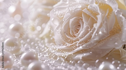 White rose and pearls in drops of water macro with soft focus on white background. Elegant gentle airy artistic template for congratulations. 