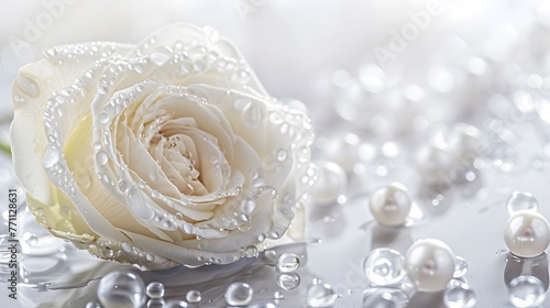 White rose and pearls in drops of water macro with soft focus on white background. Elegant gentle airy artistic template for congratulations. 