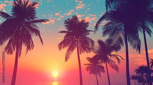 Luxurious tropical beach landscape. Silhouettes of palm trees against sky at sunset or dawn. © Ziyan