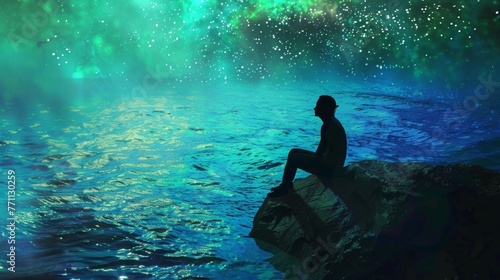 A person sits on a virtual rock their silhouette fading into the shimmering blue and green hues of the digital ocean lost in thought . .