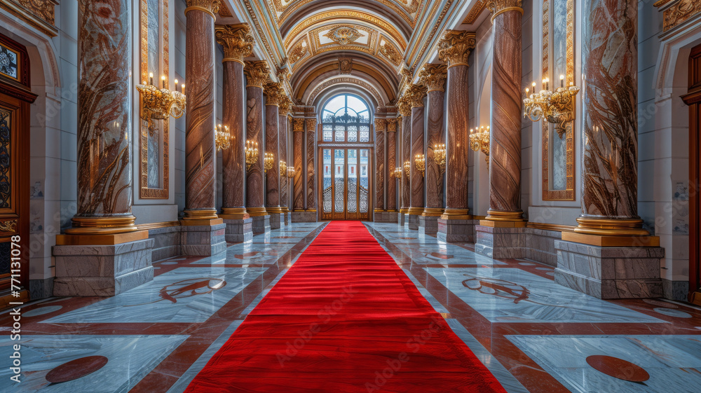 Grand opera house with a red carpet and marble columns
