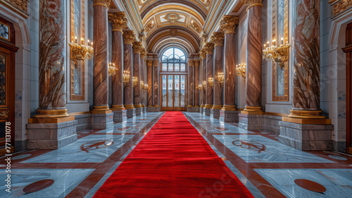 Grand opera house with a red carpet and marble columns