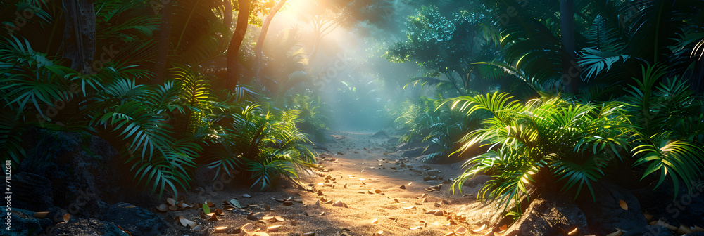 sun rays through the forest,
A tropical jungle with an open door in the middle HDR