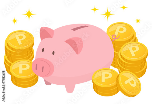 豚の貯金箱とポイントコインのイメージ_ベクターイラスト