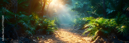 sun rays through the forest, A tropical jungle with an open door in the middle HDR