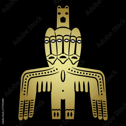 Tribal ancient Siberian totem idol. Permian animal style. Winged pagan shaman deity with three faces. Black and gold silhouette.