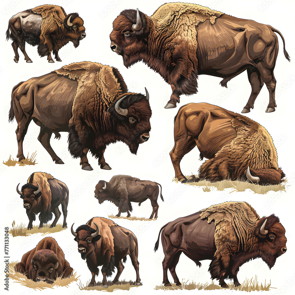 Clipart illustration featuring a various of bison on white background. Suitable for crafting and digital design projects.[A-0002]