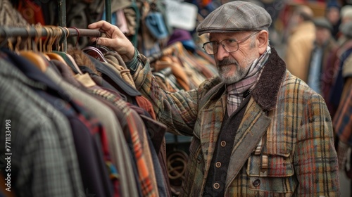 A vendor sets up his stall for the day arranging an eclectic mix of vintage clothing and accessories. The racks are bursting with colors textures and decades of history waiting