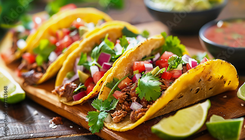 Authentic Tacos with Seasoned Meat, Freshly Chopped Vegetables, and Salsa, Wrapped in Soft Corn Tortillas, Perfect for a Flavorful Mexican Meal