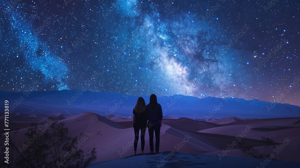 Two figures stand side by side their backs to the camera looking out over a vast desert landscape dotted with towering sand dunes . .