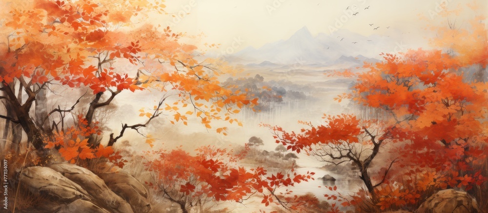 An art painting depicting a natural landscape of a forest with orange trees, mountains in the background, and a colorful sky, capturing the atmospheric phenomenon of the ecoregion