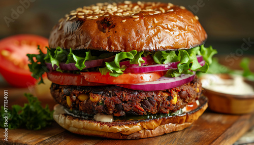 Delicious Veggie Burger with a Plant-Based Patty, Lettuce, Tomato, Onion, and Avocado, Served on a Whole Wheat Bun, Perfect for a Flavorful Vegetarian Meal