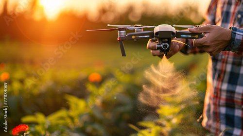 A farmer uses a to control a drone to spray medicine or chemicals on the fields, marking agricultural development. © seesulaijular