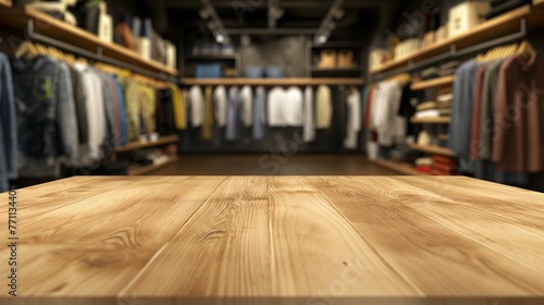 Blank wooden counter board on blurred clothing store background with copy space, for product display and small business backgrounds.
