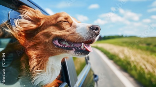 Happy traveling dog by a car, smiling doggy puppy loves spring wind, copy space.