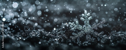 Crystal snowflakes on a black background for snow texture and winter holiday atmosphere.Christmas background, white snow on black background for edit photo. Copy space.