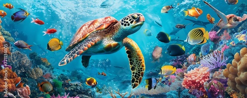 The world of under water, sea turtle swims under water surrounded with colorful fish on the background of coral reefs. photo