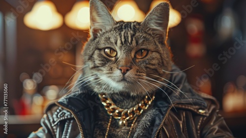  A cool cat in a jacket and a gold chain, Super realistic cat, Printing on a T-shirt, jacket, sweatshirt, Prints for clothes, Wallpaper, screensaver, Banner, AI