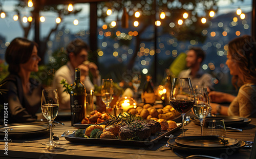 Luxurious rooftop steak house: Table with beige wood, baked potatoes and a glass of red wine and olive oil: People sitting at the table eating.