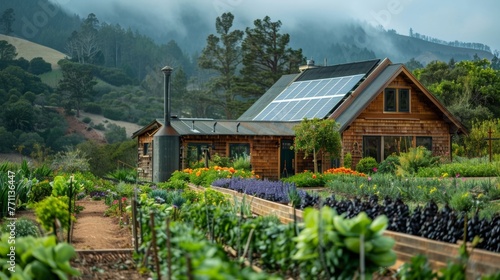 A photo of a homestead with a solar water heater in the foreground and a flourishing garden in the background. The caption emphasizes . .
